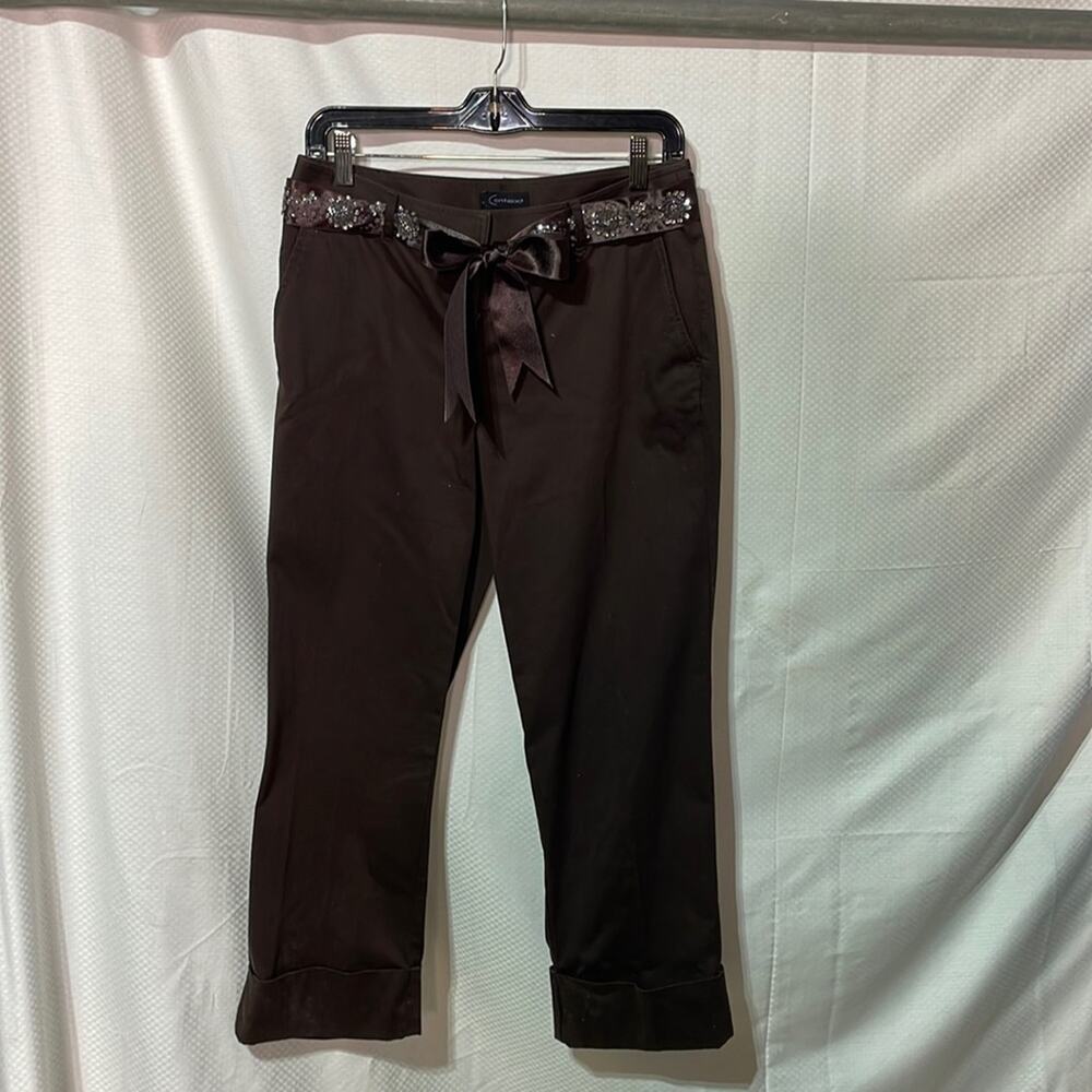 Context 2 chocolate brown capri cuffed cotton spandex satin beaded belt euc